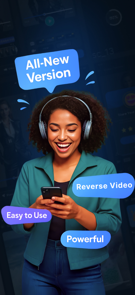 Reverse Magic Video Editor - 機能コールアウト付きで、携帯電話でリバースマジック ビデオエディタアプリを使用しながら笑顔の女性