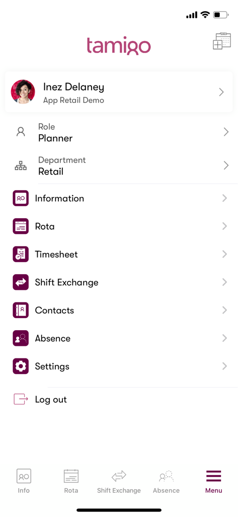 Main menu screen of the Tamigo app showing user profile and options for Rota, Timesheet, and Shift Exchange