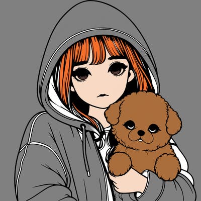 realistic girl with a hood up, holding cute fluffy dog