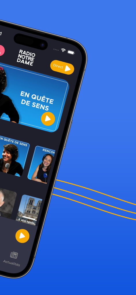Tela do smartphone mostrando a interface do aplicativo Radio Notre Dame com programas de rádio e podcasts franceses