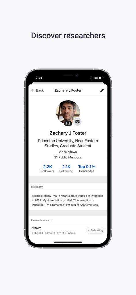A researcher profile on the Academia.edu app showing views mentions and follower stats
