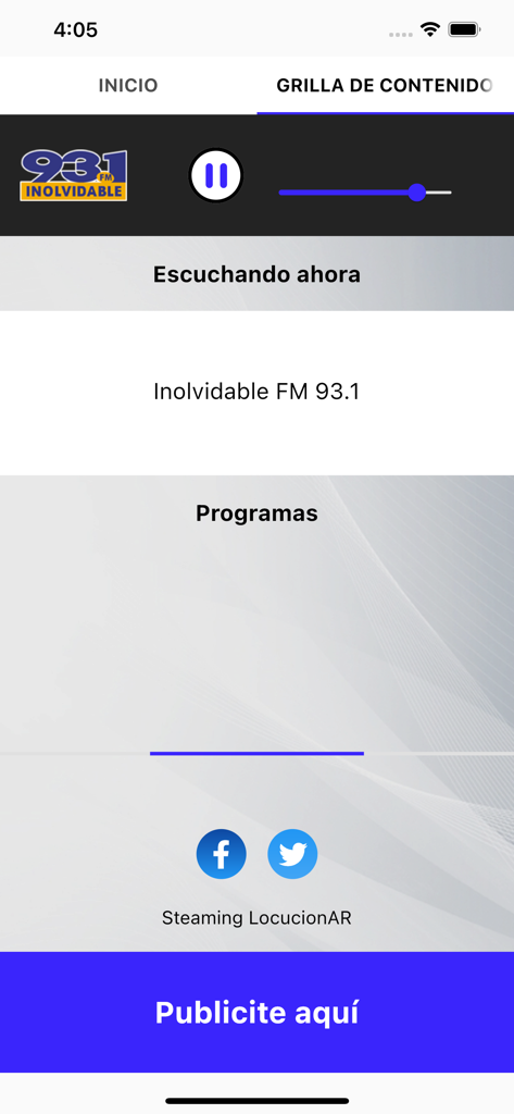 Inolvidable FM 93.1 - Interfaz de la aplicación de radio Inolvidable FM 93.1 que muestra los controles del reproductor y la sección del programa.