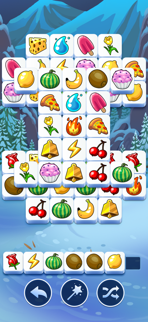 Tile Club - Matching Game - Tile Club Matching Game Bildschirm mit bunten Obst- und Kuchentiteln auf einem Winterhintergrund.