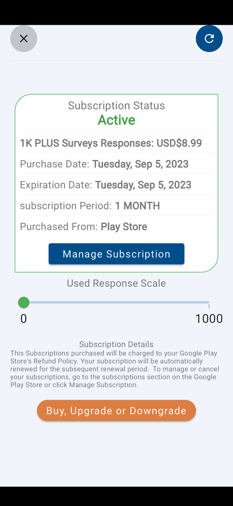 Customer Feedback Survey KIOSK - Subscription status screen of the customer feedback kiosk app displaying an active monthly plan and survey response usage.