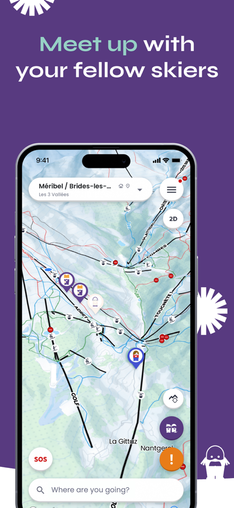 Skiif app 3D map interface showing ski slopes and friend locations in a European resort