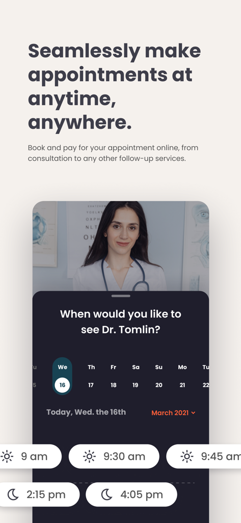 Be:Seen Health - Be Seen Health app screen for booking a doctor appointment with Dr. Tomlin showing date and time slots