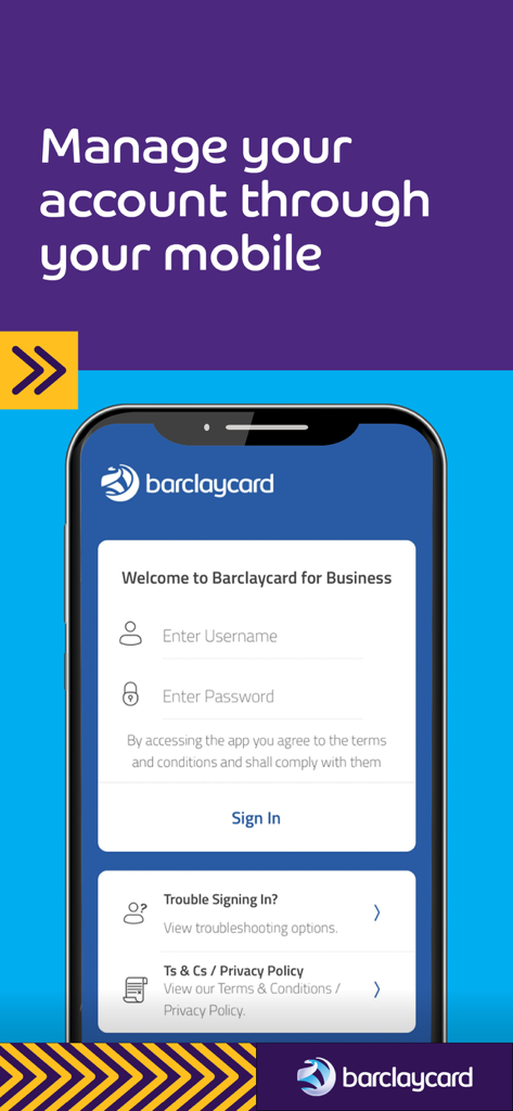 Barclaycard for Business - Pantalla de inicio de sesión de la aplicación móvil Barclaycard for Business