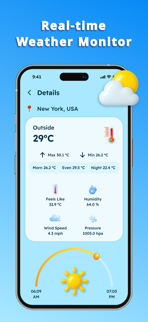 Thermometer - Inside & Outside - Real-time weather monitor screen showing outdoor temperature humidity wind speed and sunrise times