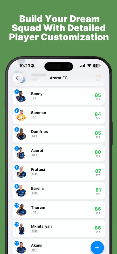 Elite Soccer Lineup - Tactico - Una lista de jugadores de fútbol en la aplicación Táctico que muestra sus nombres, posiciones y valoraciones generales.