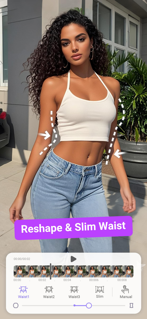 Eine Frau in einem weißen Crop-Top und blauen Jeans wird mit der PrettyUp-App bearbeitet, um ihre Taille in einem Video neu zu formen und zu verschmälern.