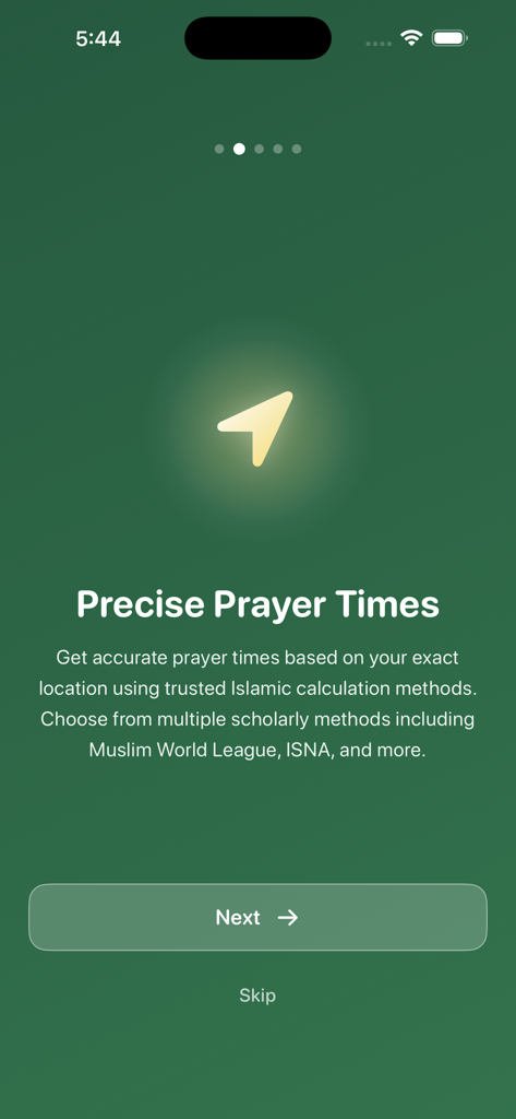 Ramadan 2026 Calendar - Pantalla de incorporación de la aplicación Ramadán que muestra horarios de oración precisos basados en la ubicación