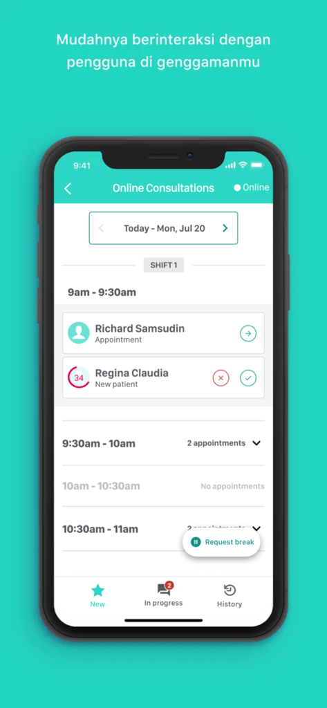 Halodoc for Doctors - Halodoc for Doctors app interface displaying daily online consultation schedule and patient appointments