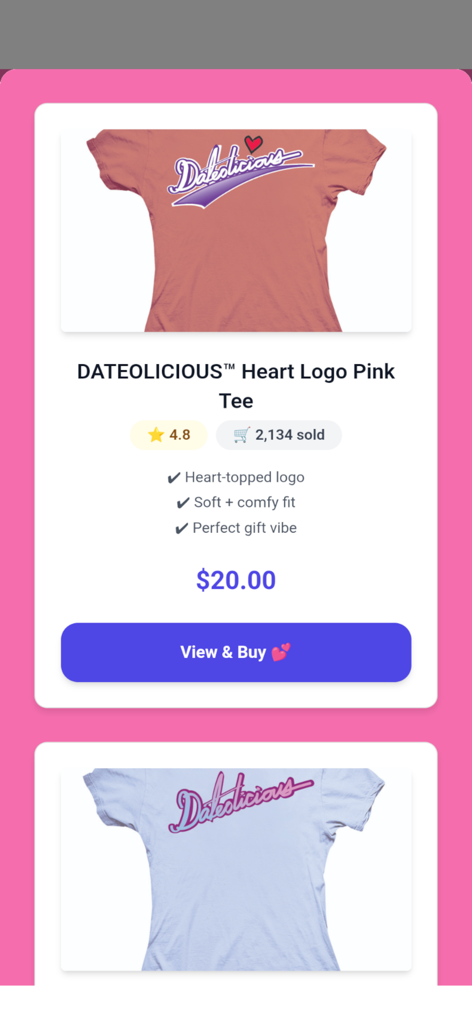 Dateolicious pink t-shirt with heart logo and brand name for sale