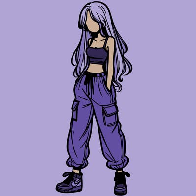 girl in baggy pants crop top and long hair