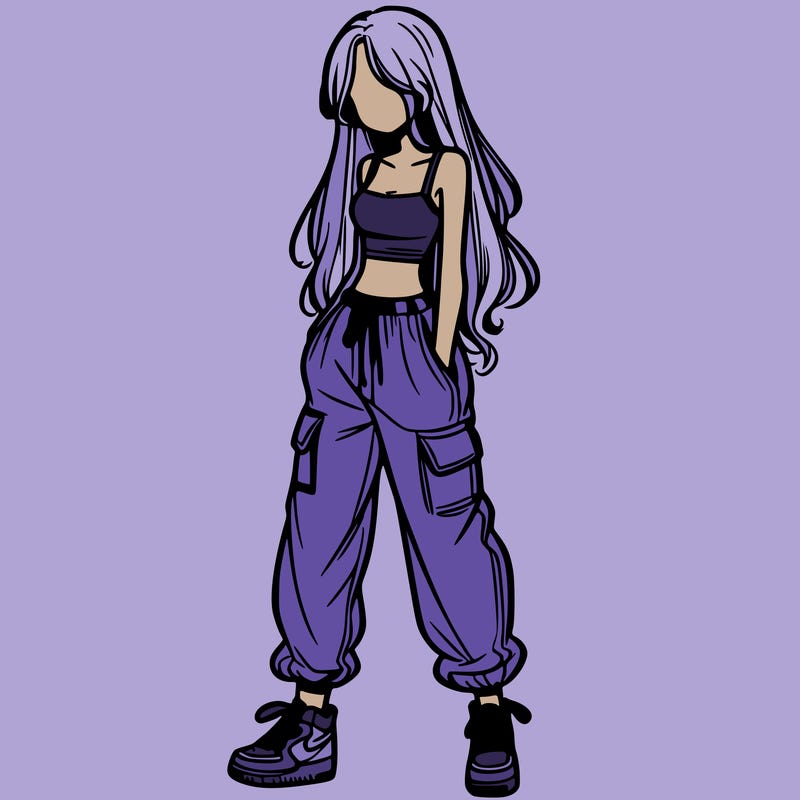 girl in baggy pants crop top and long hair