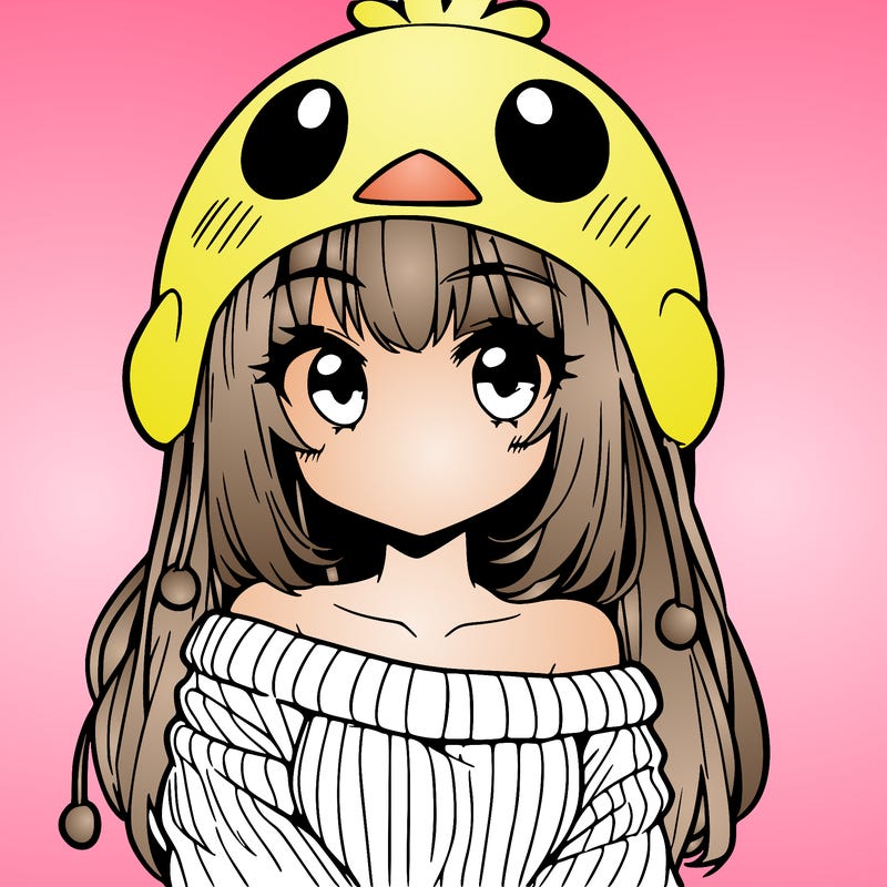 anime girl with chick shaped hat with sweater with bare shoulders with bangs covering them one eye with low tail
