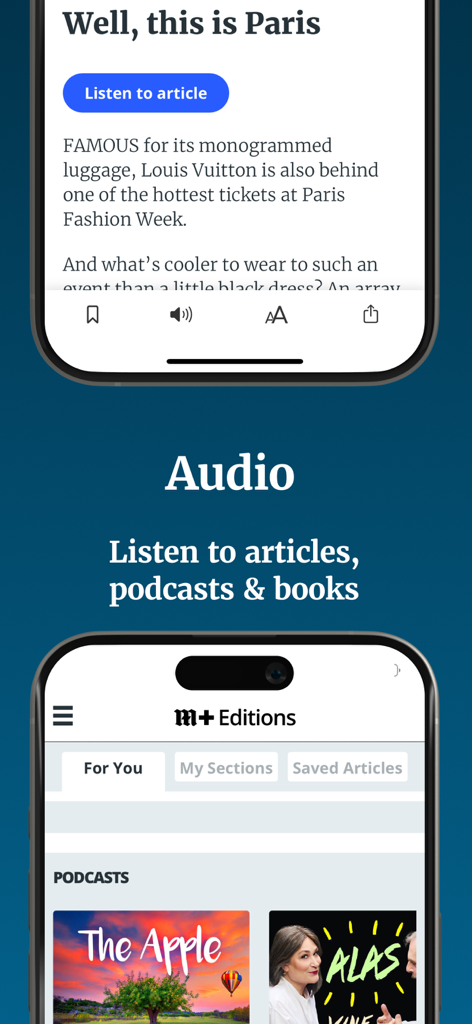 Daily Mail Newspaper app interface showing options to listen to articles and podcasts
