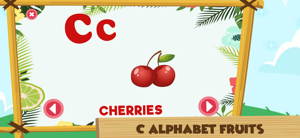 Pantalla educativa para niños que muestra la letra C y una ilustración de cerezas en una aplicación de aprendizaje para niños.