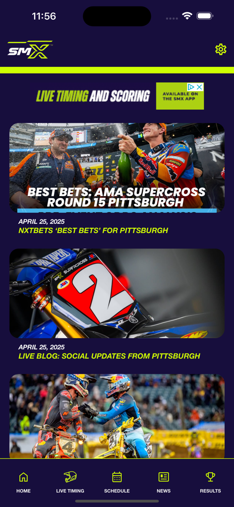 SMX Live Timing and Scoring - SMX Live Timing and Scoring app home screen displaying latest news and race updates