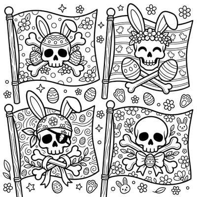 Prepare for a whimsical adventure this Easter with our unique Jolly Roger flags coloring pages. These designs blend classic pirate symbols with adorable bunnies, decorated eggs, and spring blossoms for a truly delightful coloring experience.