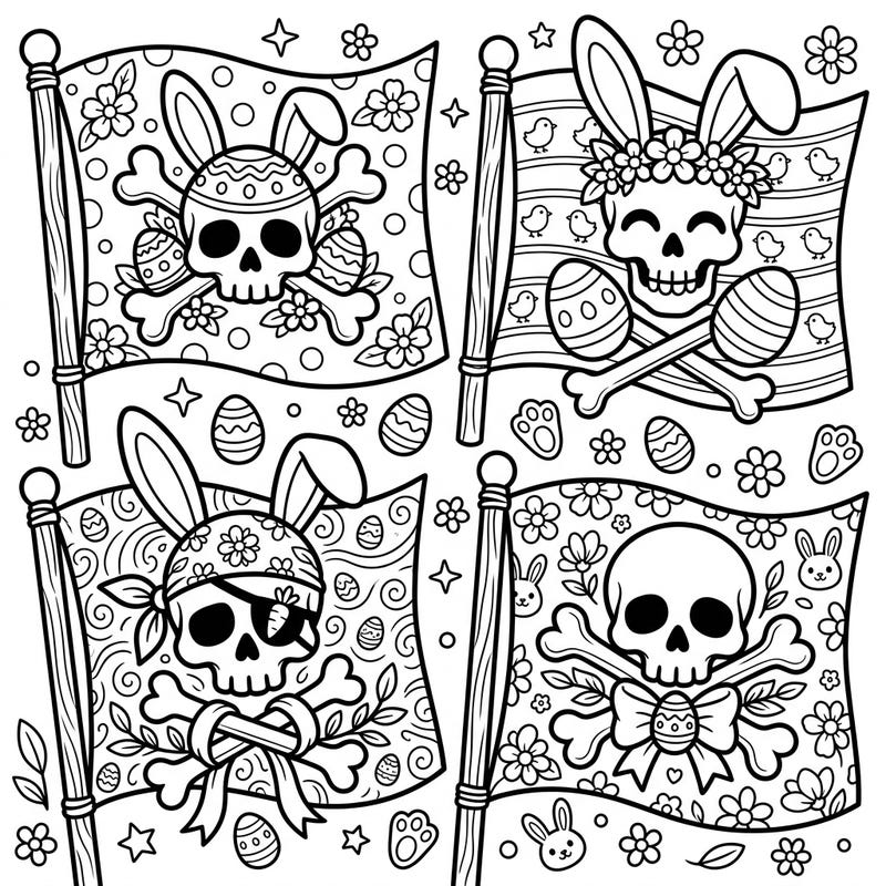 Prepare for a whimsical adventure this Easter with our unique Jolly Roger flags coloring pages. These designs blend classic pirate symbols with adorable bunnies, decorated eggs, and spring blossoms for a truly delightful coloring experience.