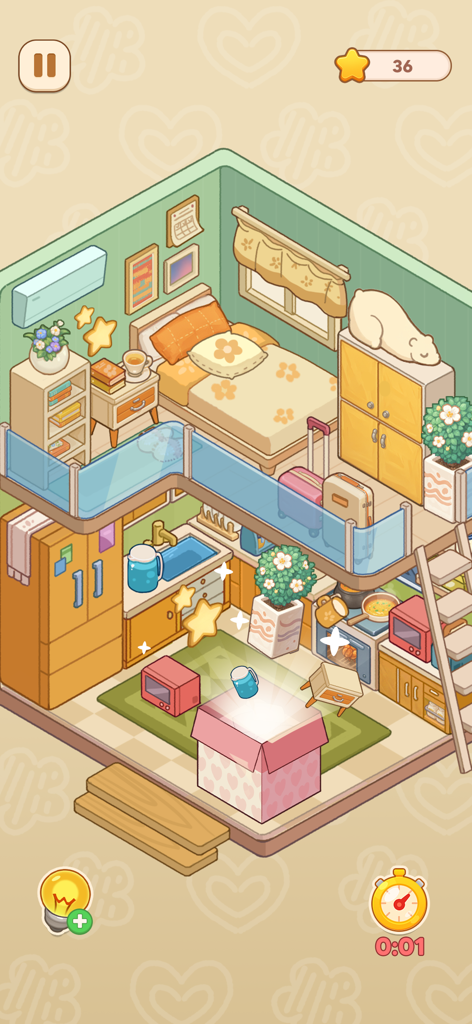 My Perfect Home: Design Game - Conception de pièce cosy sur deux étages avec des meubles kawaii et une boîte d'ouverture de mystère dans le jeu My Perfect Home.