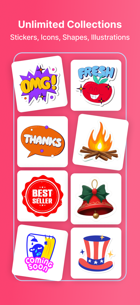 Poster Maker - Flyer Creator, - Eine Sammlung von bunten Grafikdesign-Aufklebern und Symbolen, einschließlich 'Bestseller'-Badges und Feiertagsthemen.