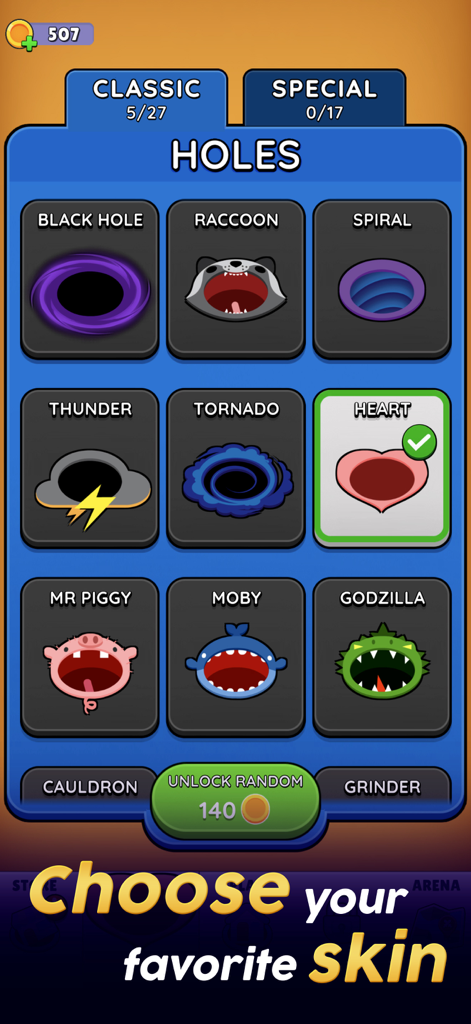 Hole.io app screenshot showing the skin selection menu with various hole designs like Raccoon, Tornado, and a selected Heart skin.