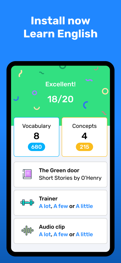 English learning app interface showing vocabulary scores and grammar exercises