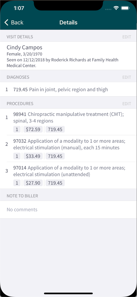 A medical visit details screen in the Tebra app showing patient information, diagnosis codes, and billing for procedures.