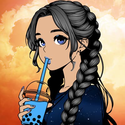 realistic girl with braided hair drinking boba