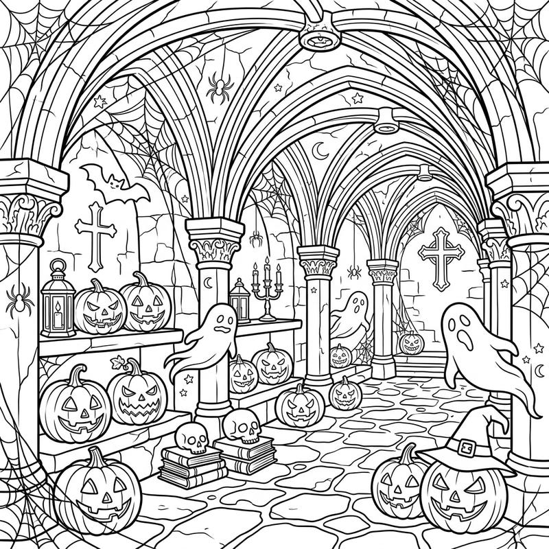 Unleash your creativity with this intricately designed Halloween coloring page set in ancient cathedral crypts. Discover spooky jack-o'-lanterns, playful ghosts, and mysterious cobwebs awaiting your vibrant touch.