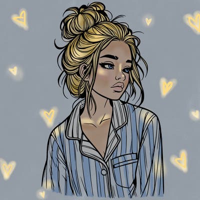 realistic woman with pajamas on and a messy bun