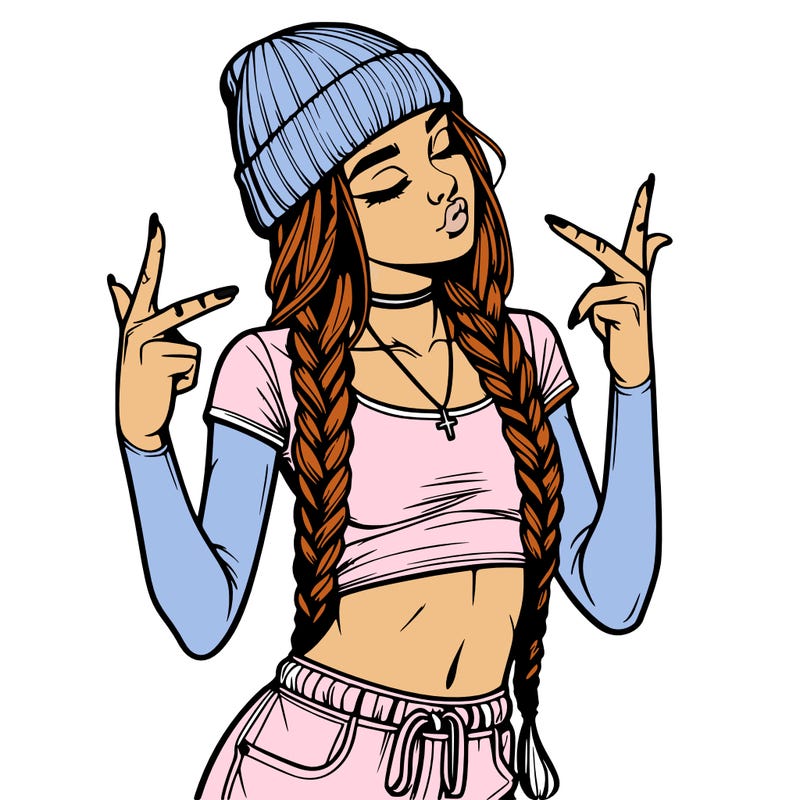 realistic teenage girl with braids and a beanie and crop top doing 🫶🏼