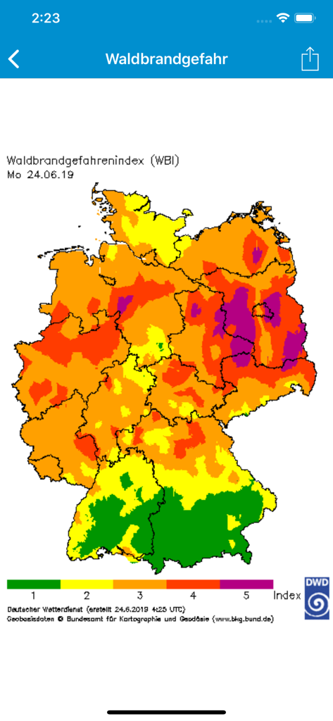 umweltinfo - Mapa de Alemania en la aplicación umweltinfo que muestra los niveles de riesgo de incendio forestal indexados de uno a cinco
