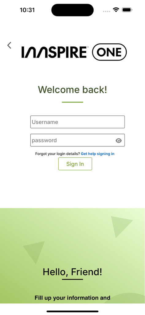 InnSpire.One - Tela de login para o aplicativo de gerenciamento hoteleiro InnSpire One