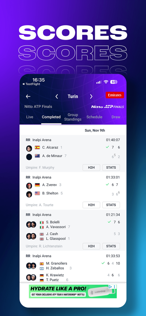 Offizielle ATP WTA Live App mit abgeschlossenen Tennisspiel-Ergebnissen und Resultaten.