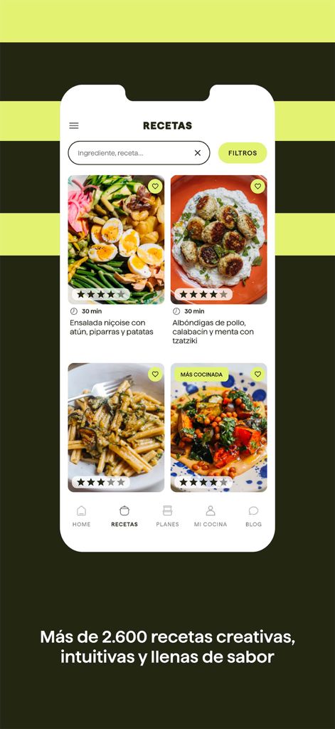 Biotiful App: tu cocina fácil - Interface of the Biotiful App displaying a selection of colorful and healthy recipes with a search bar and filters