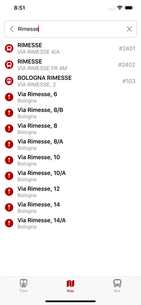 ボローニャのRimessaのバスおよび電車の停留所リストを表示するWeBusアプリの検索インターフェース