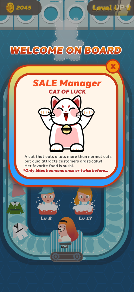 Laundry Idle - 고양이 행운 판매 관리자 캐릭터를 보여주는 Laundry Idle의 팝업 창