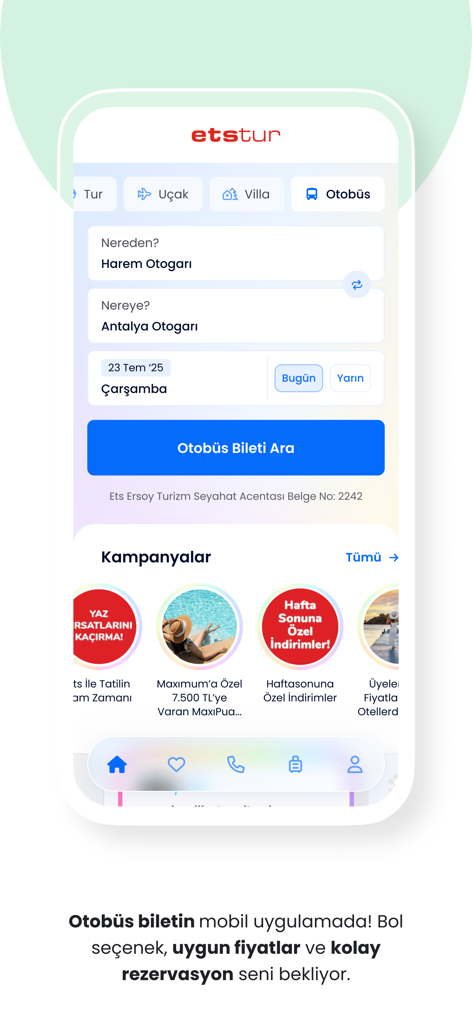 Etstur mobile app interface showing the bus ticket search screen and promotional travel banners for Turkey