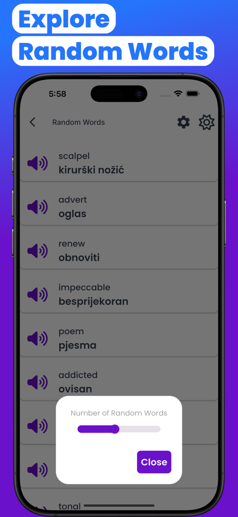 Croatian-English Translator - A screenshot of the Croatian-English Translator app showing the random words vocabulary feature with audio playback buttons.