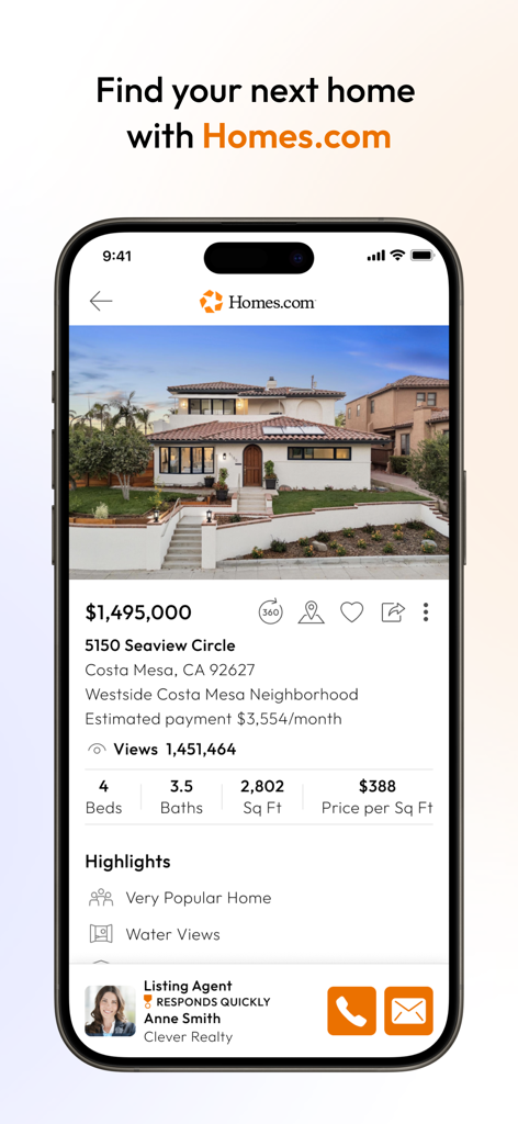 Real estate property listing on Homes.com app featuring house details and direct listing agent contact.