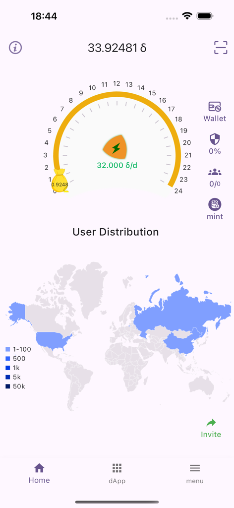 Delta kim - Home screen of the Delta kim app showing a crypto mining progress dial and a world map of user distribution