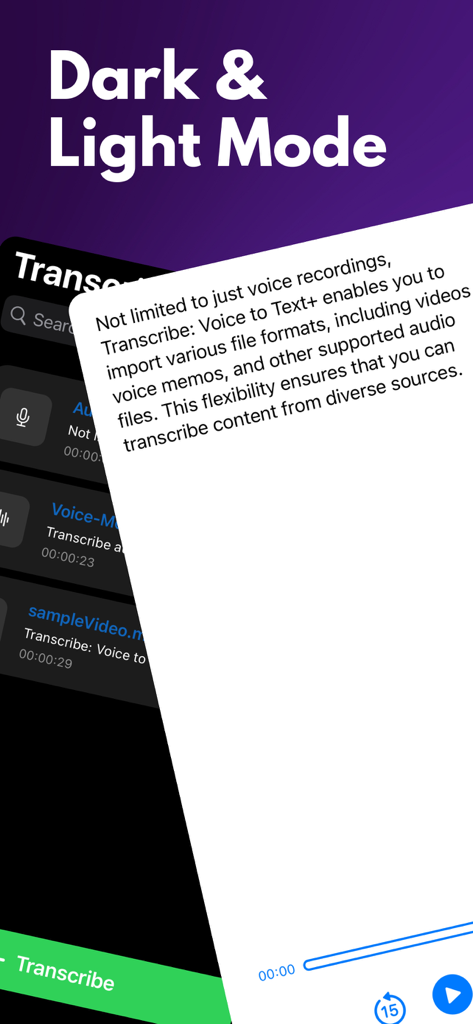 Interface do aplicativo Transcrever mostrando os modos escuro e claro com uma lista de arquivos importados e opções de transcrição