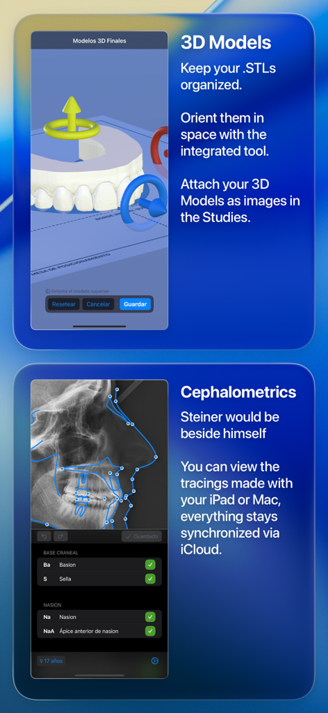 Screenshot of OrthoKit app displaying 3D dental models and cephalometric tracing features