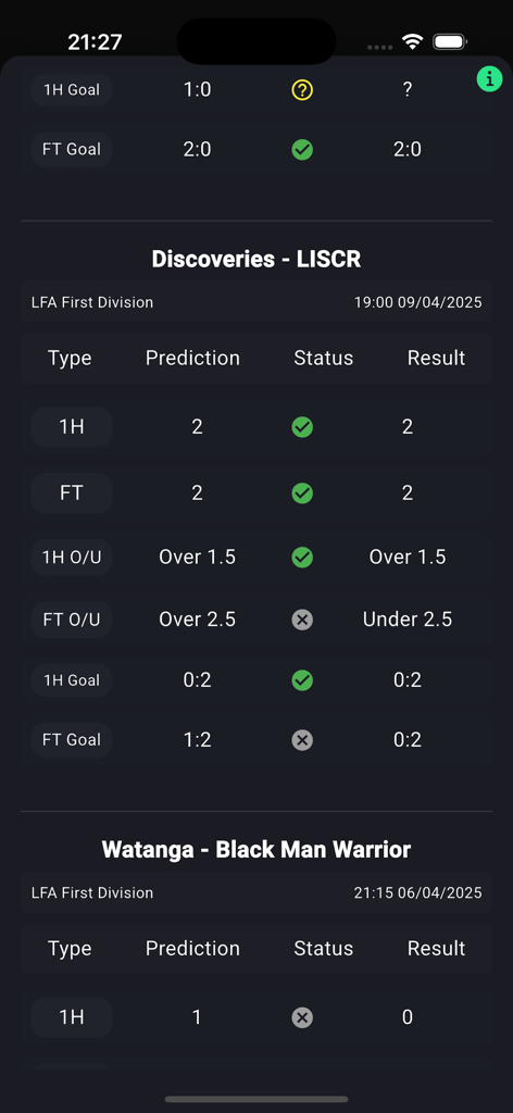 AI soccer predictions and match results comparison on GOAL365 app interface