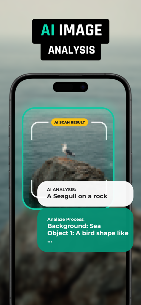 Binoculars Shoot Zoom Camera - 双眼鏡カメラアプリで、岩の上にいるカモメを特定するAI画像分析。