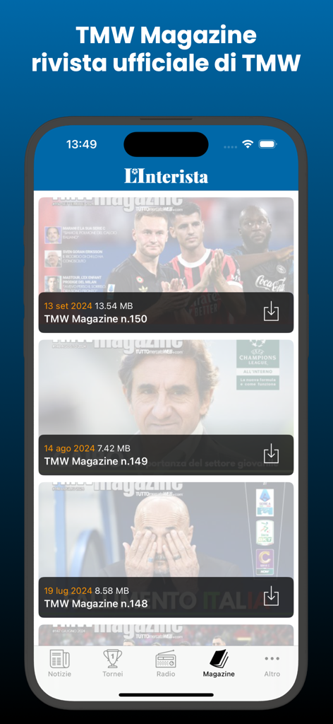 L'Interista - Digital magazine library within the L'Interista app showing various issues of TMW Magazine available for download