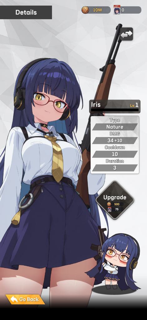E.D.E.N : The Last Line - Character detail screen for Iris in E.D.E.N The Last Line showing stats and upgrade options
